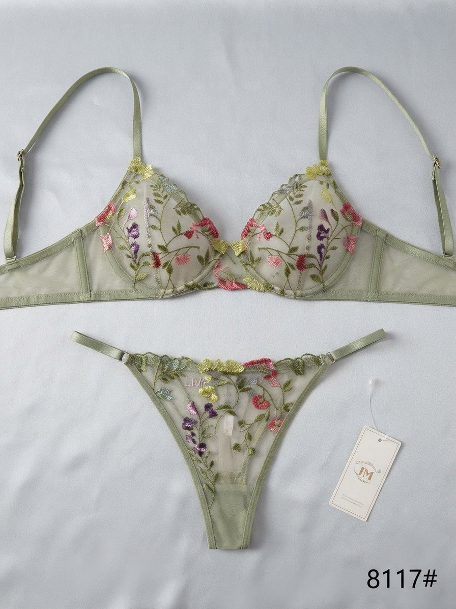 Women's Wildflower Embroidered Sheer Bra & Thong Lingerie Set