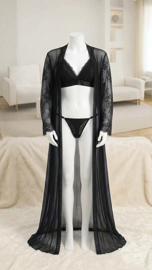 Women's 3-Piece Satin & Lace Robe + Bra & Thong Lingerie Set