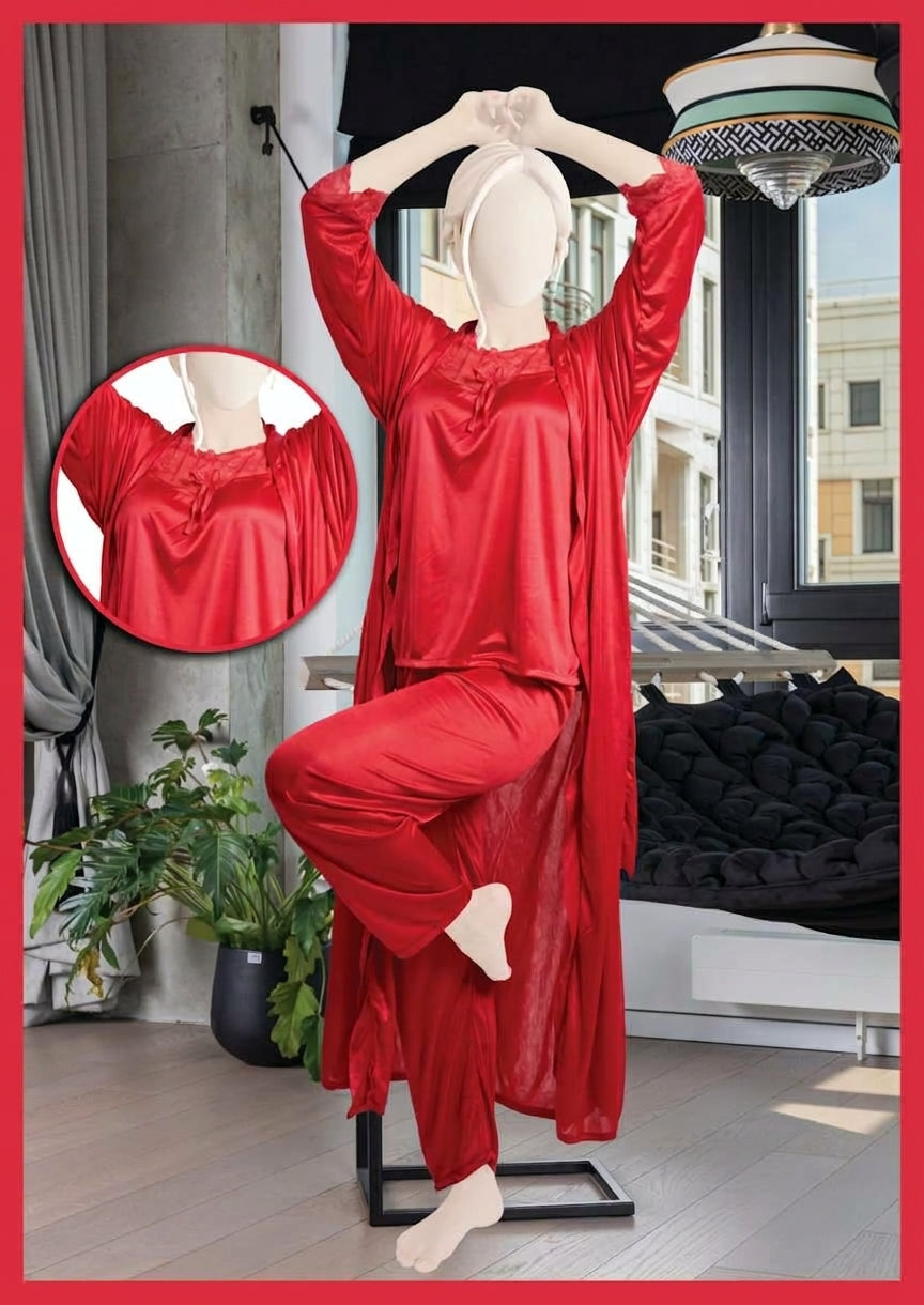 Women's 3-Piece Satin & Lace Nightwear