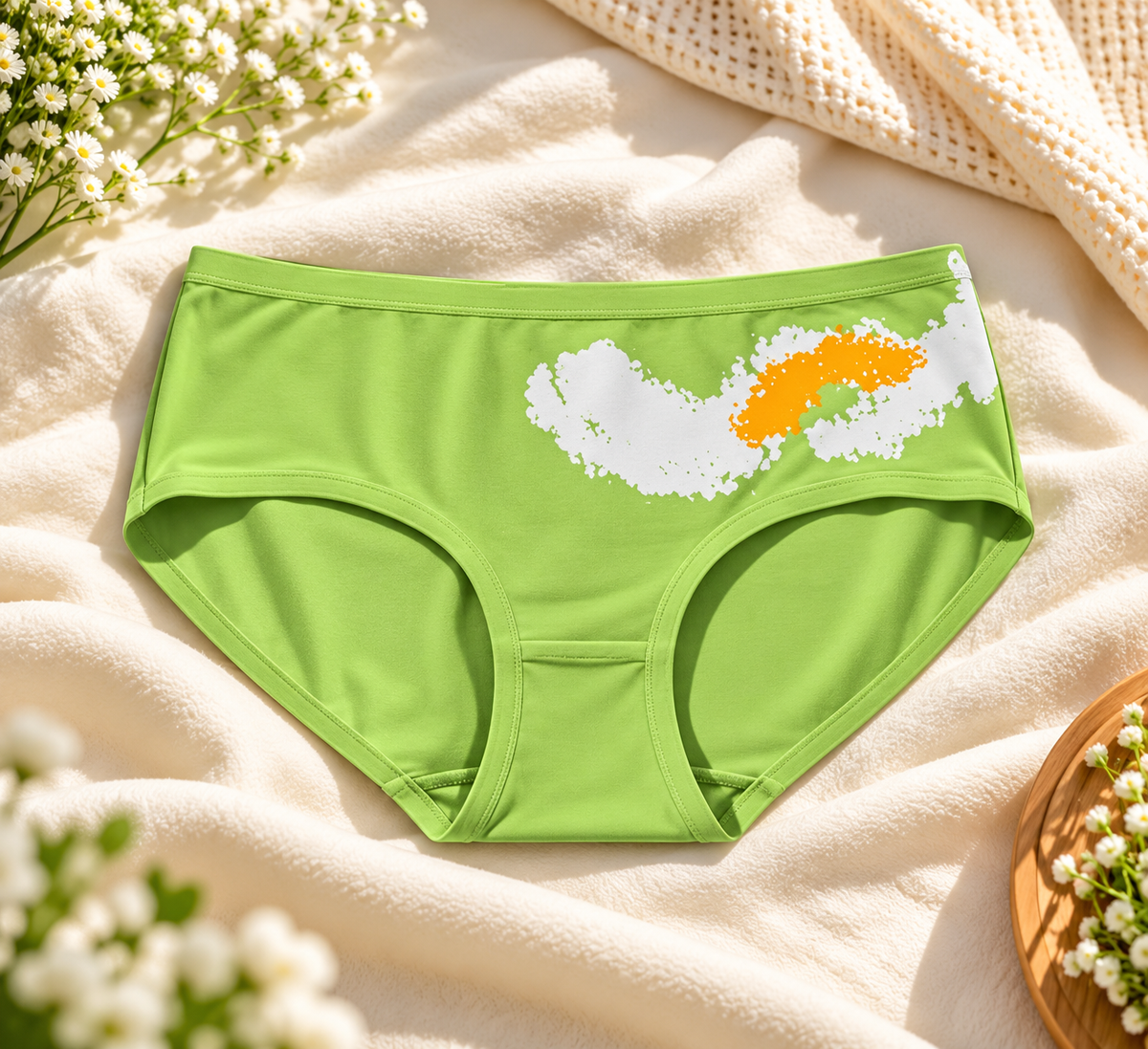 Lime green briefs with white and orange splash print