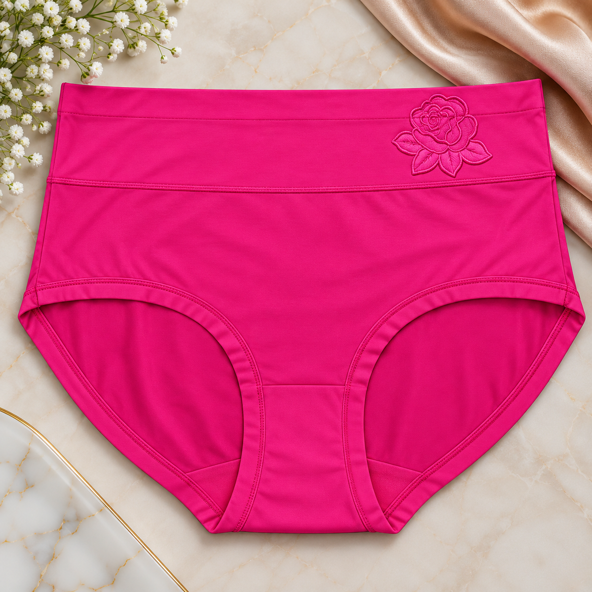 Bright pink briefs with tonal rose embroidery