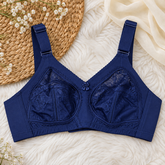 Floral lace minimizer bras shown in navy, cream, black and burgundy