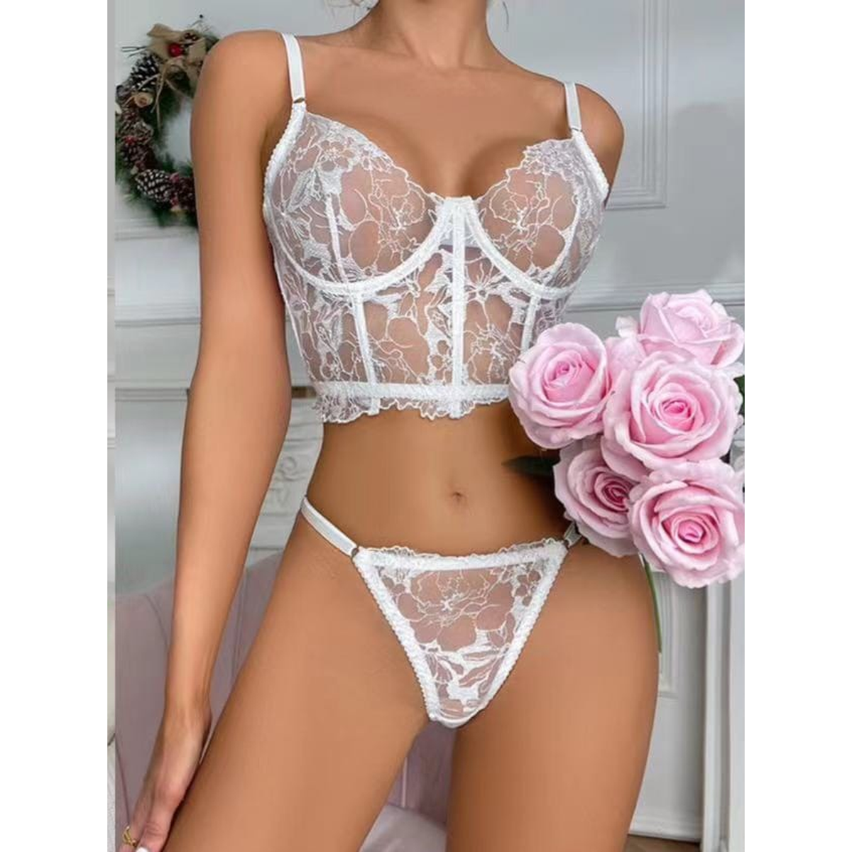Women's White Floral Lace Bra & Thong Lingerie Set