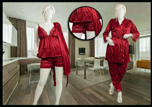 Women's 4-Piece Satin & Lace Nightwear