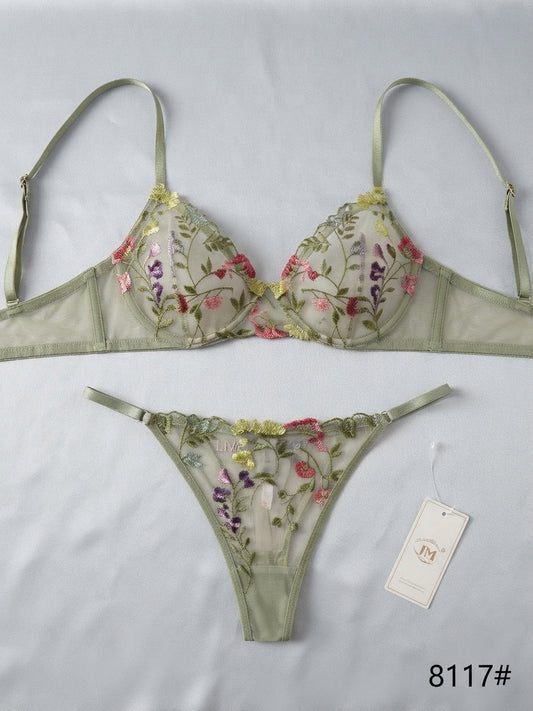 Women's Wildflower Embroidered Sheer Bra & Thong Lingerie Set