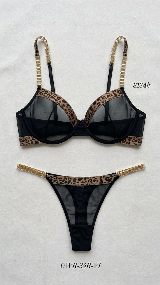 Women's Leopard Print Gold Chain Strap Sheer Bra & Thong Lingerie Set