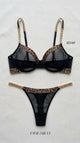 Women's Leopard Print Gold Chain Strap Sheer Bra & Thong Lingerie Set