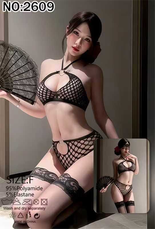 Women's Fishnet Halter Bra, High-Waist Brief & Lace-Top Stockings Set