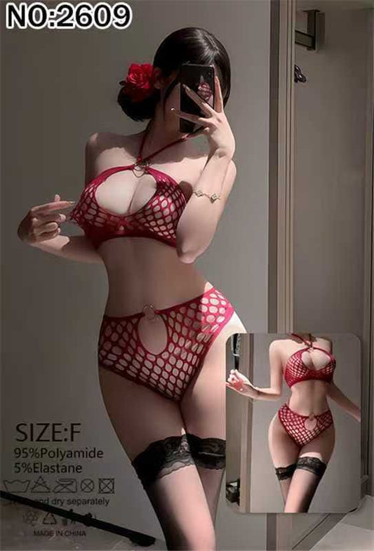 Women's Fishnet Halter Bra, High-Waist Brief & Lace-Top Stockings Set