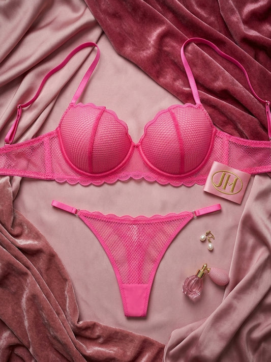 Women's Sheer Mesh Scallop Edge Bra & Thong Lingerie Set