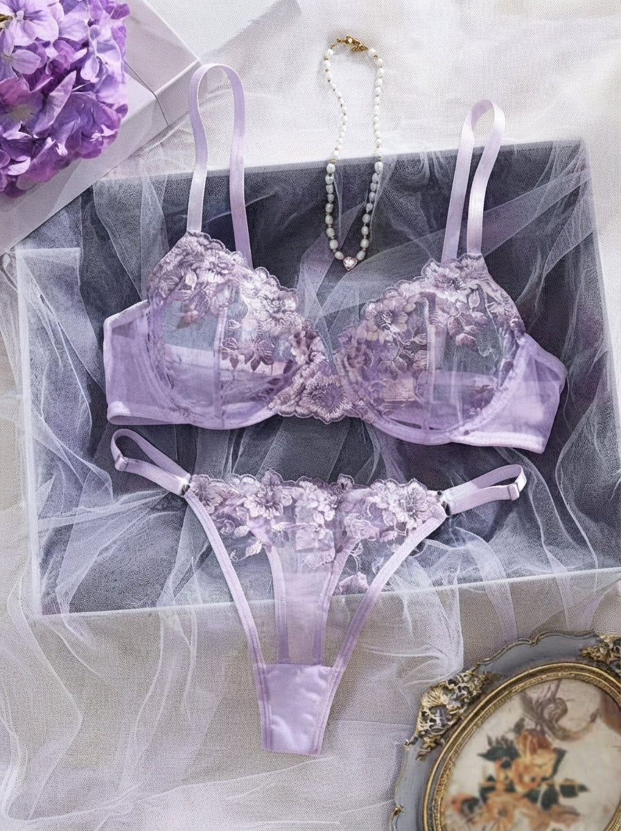 Women's 3D Floral Appliqué Sheer Bra & Thong Lingerie Set