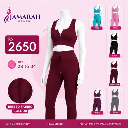 Women's Ribbed Co-ord Set | Zip-Front Crop Top & High-Waist Leggings