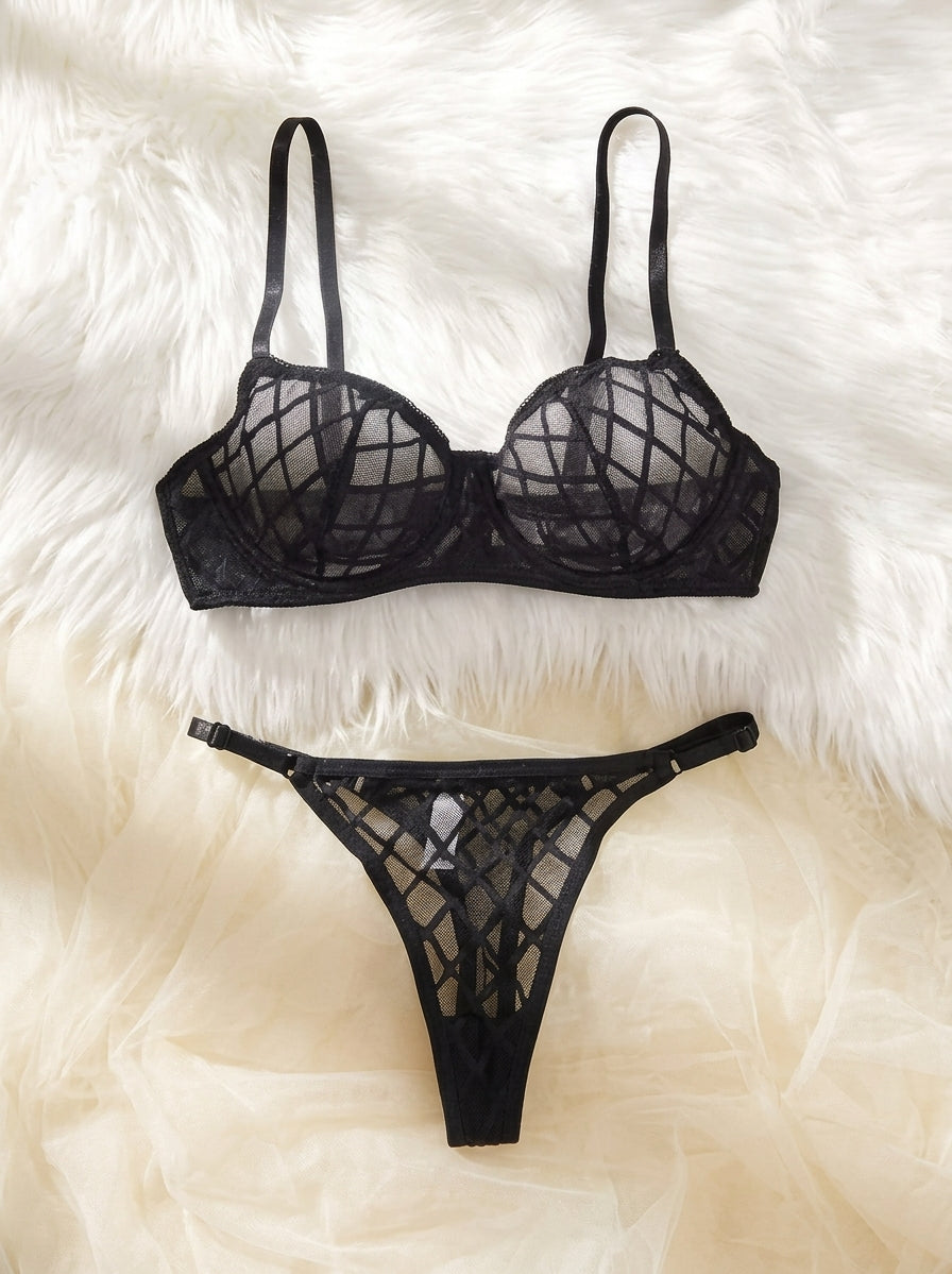 Women's Diamond Grid Sheer Bra & Thong Lingerie Set
