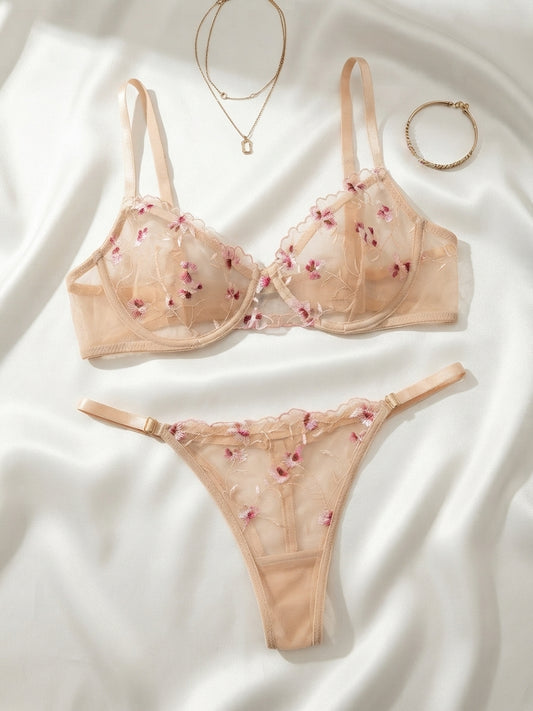 Women's Cherry Blossom Embroidered Sheer Bra & Thong Lingerie Set