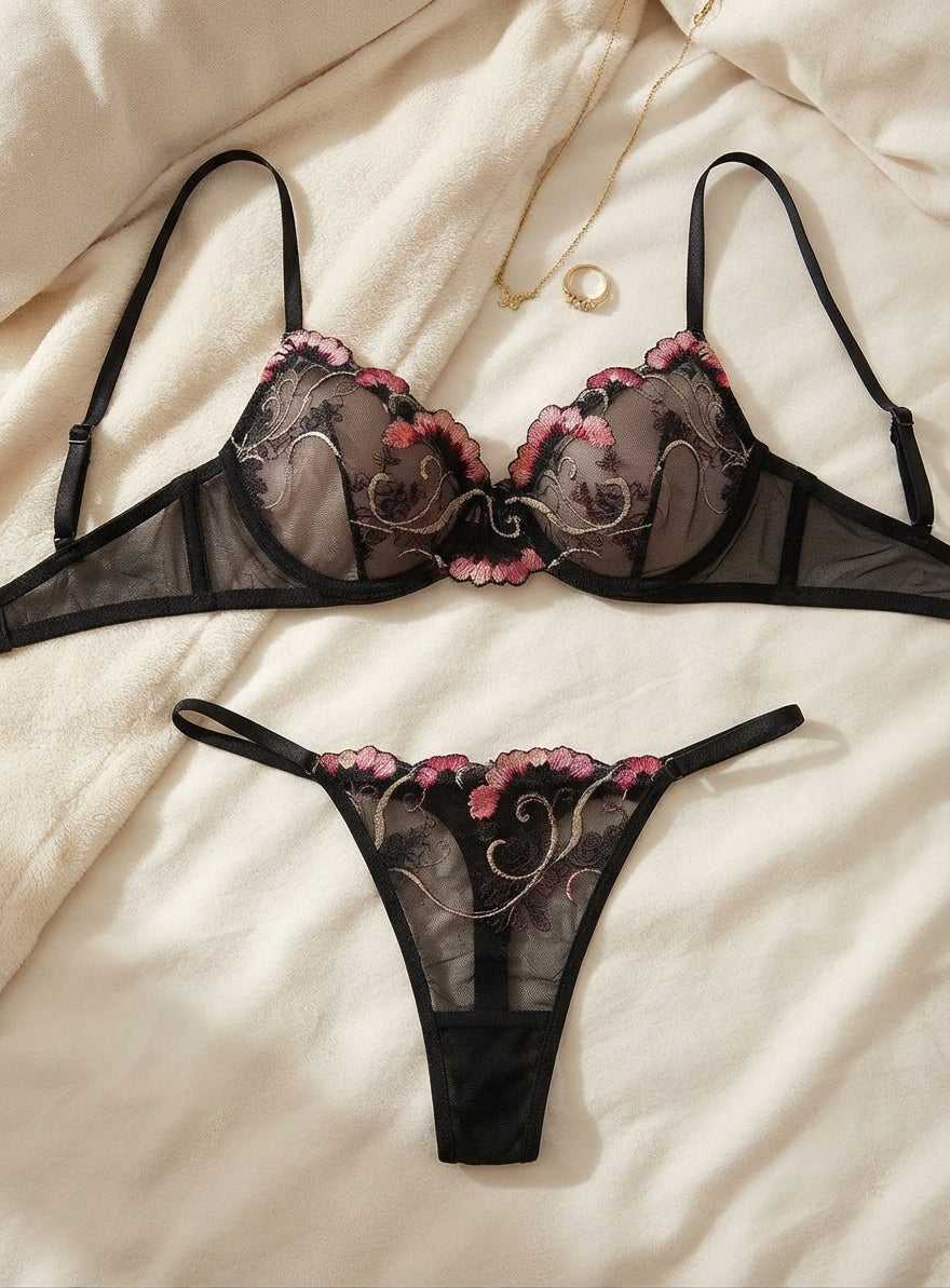 Women's Baroque Floral Embroidered Sheer Bra & Thong Lingerie Set