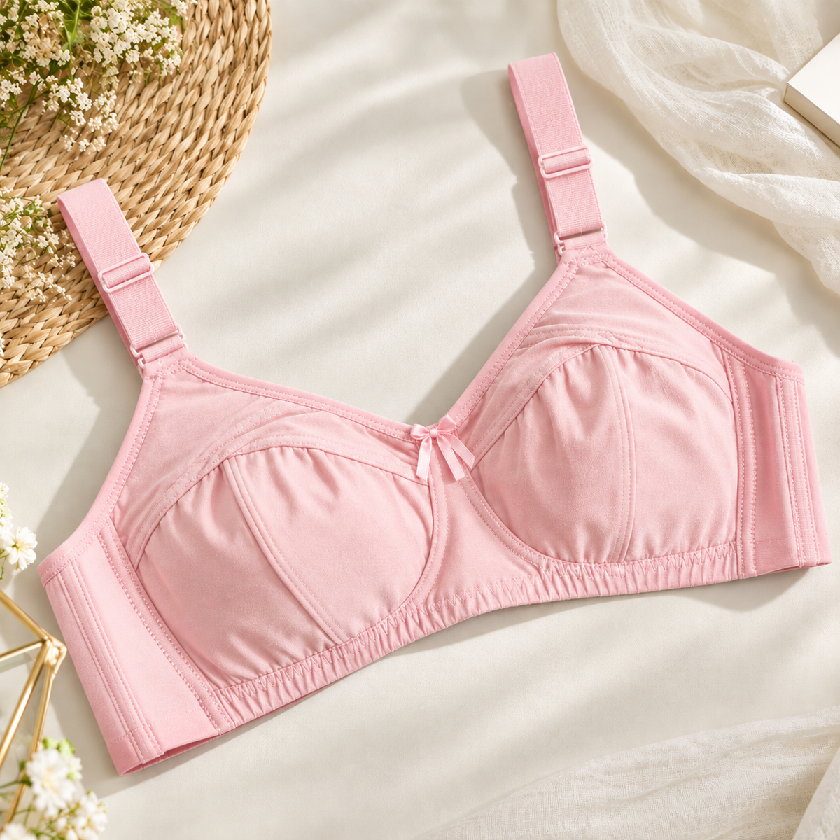 Baby pink comfort bra with seamed cups and centre bow