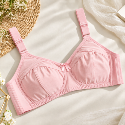 Baby pink comfort bra with seamed cups and centre bow