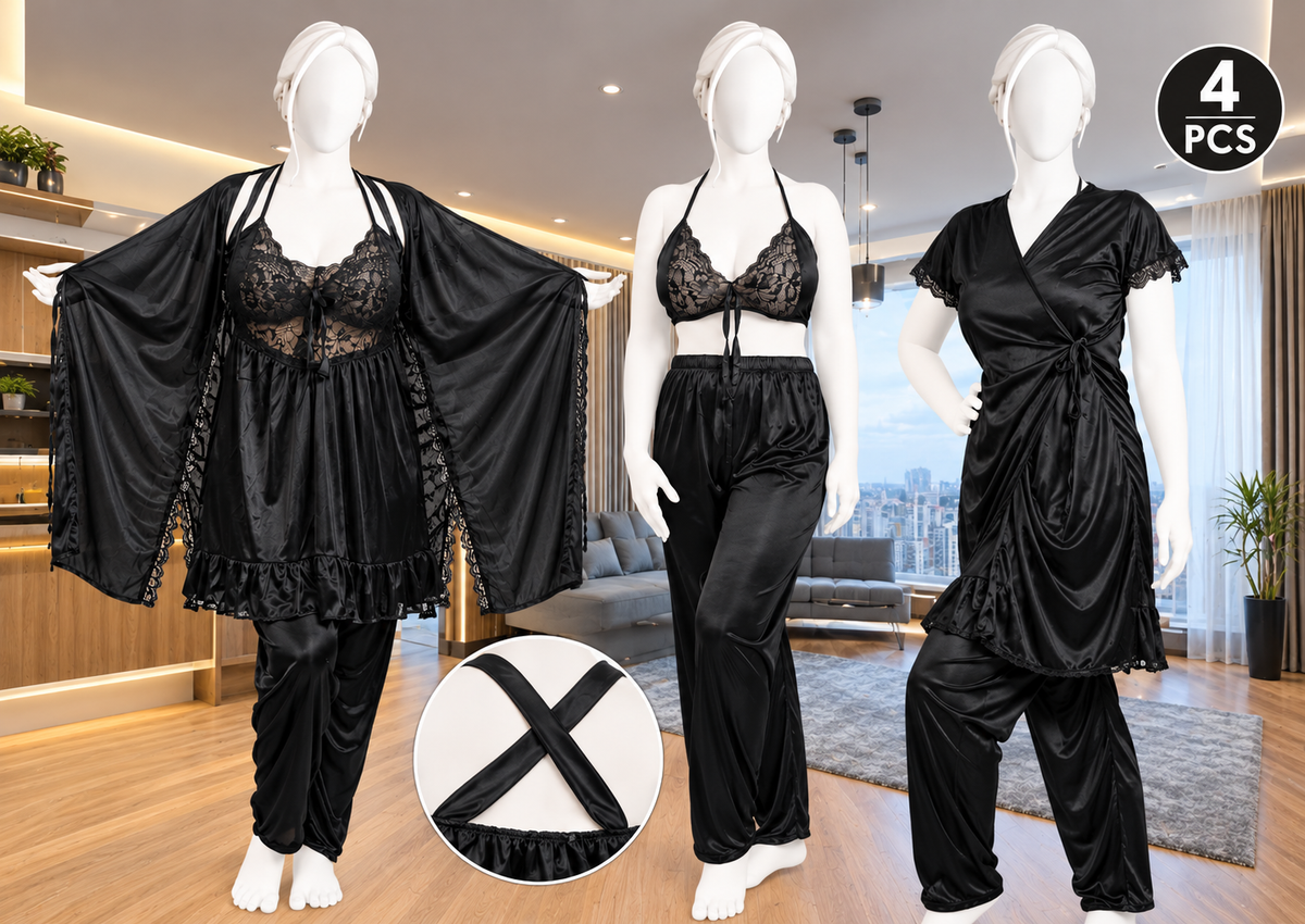 Women's 4-Piece Satin & Lace Nightwear Set