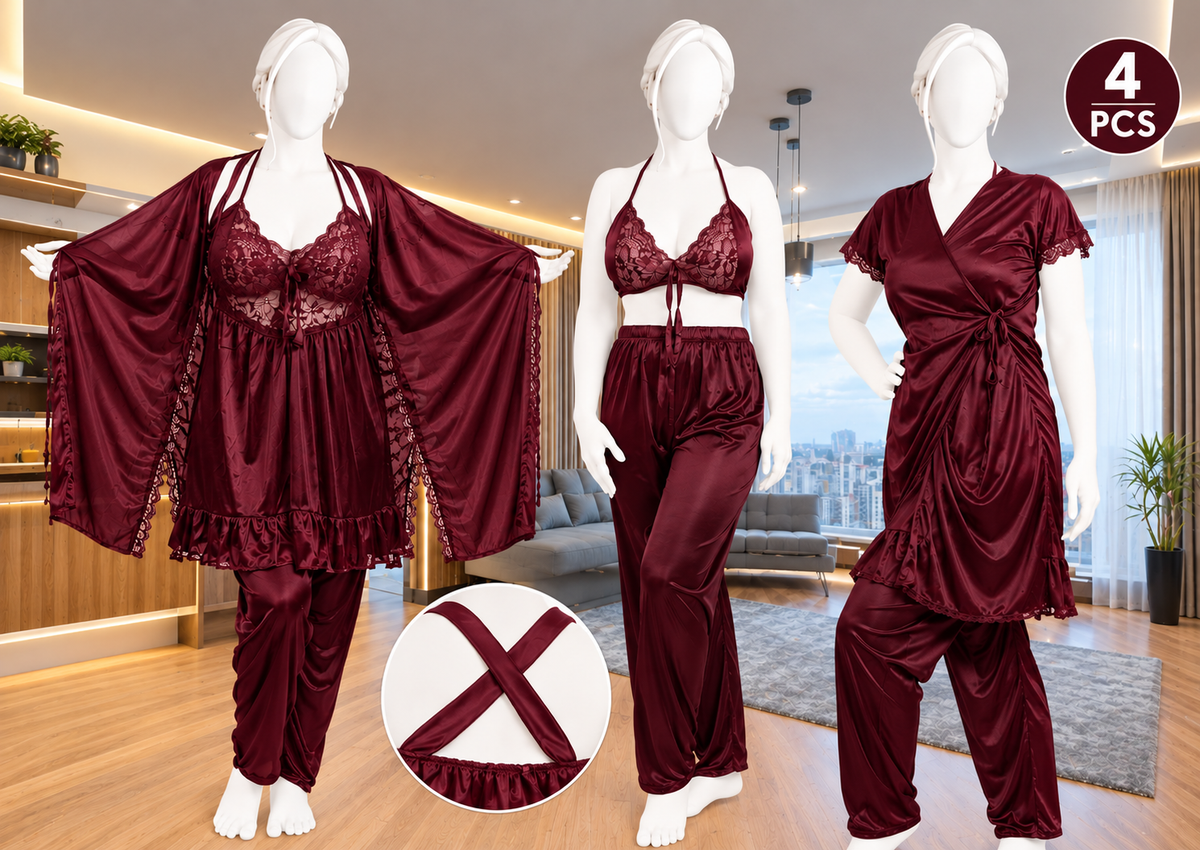 Women's 4-Piece Satin & Lace Nightwear Set