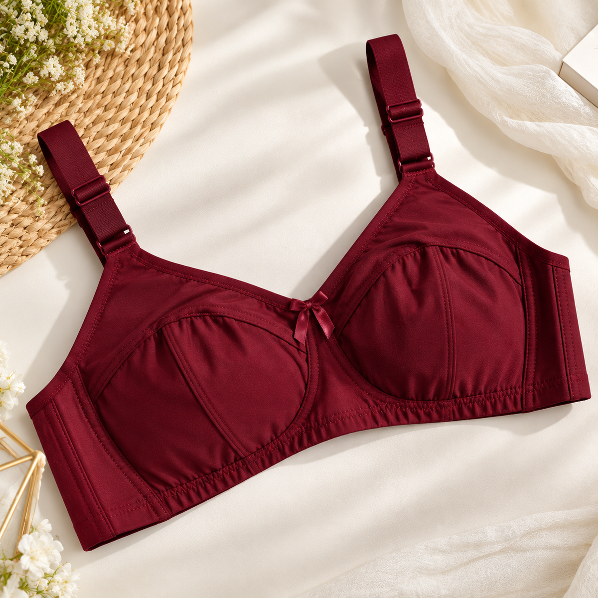 Burgundy comfort bra with adjustable straps
