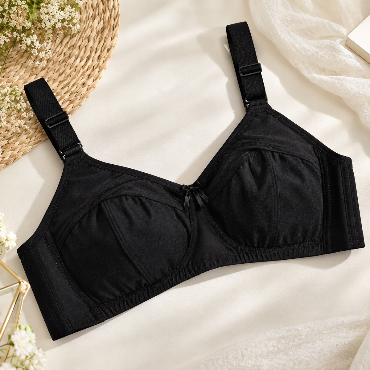 Black comfort bra with seamed cups and centre bow