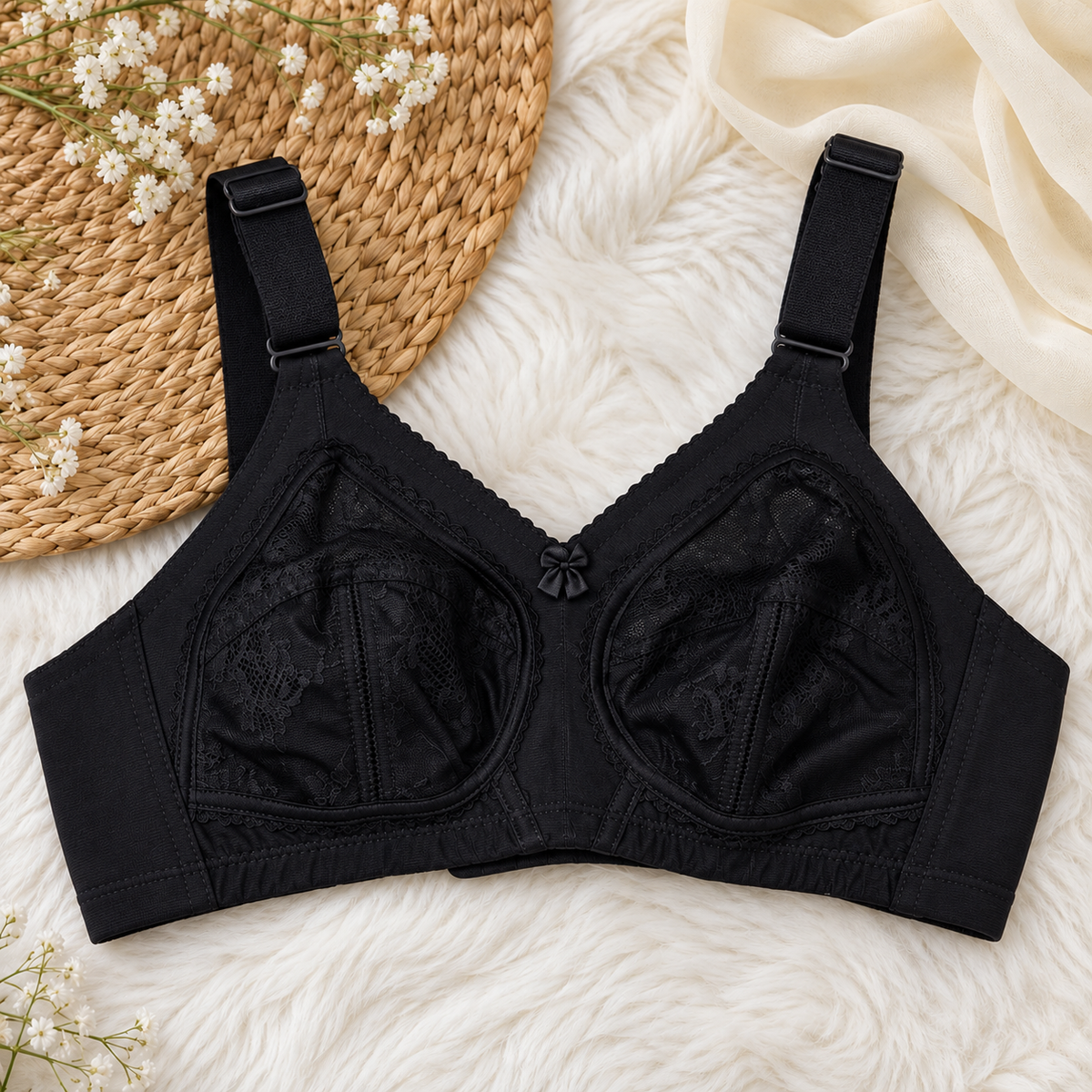 Black floral lace minimizer bra with seamed cups