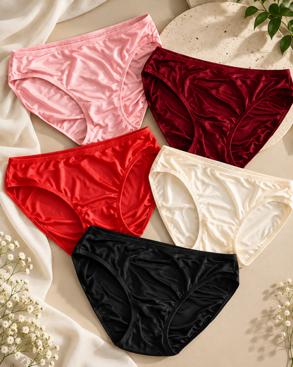 Five low-waist malai jersey panties in pink, burgundy, red, ivory and black