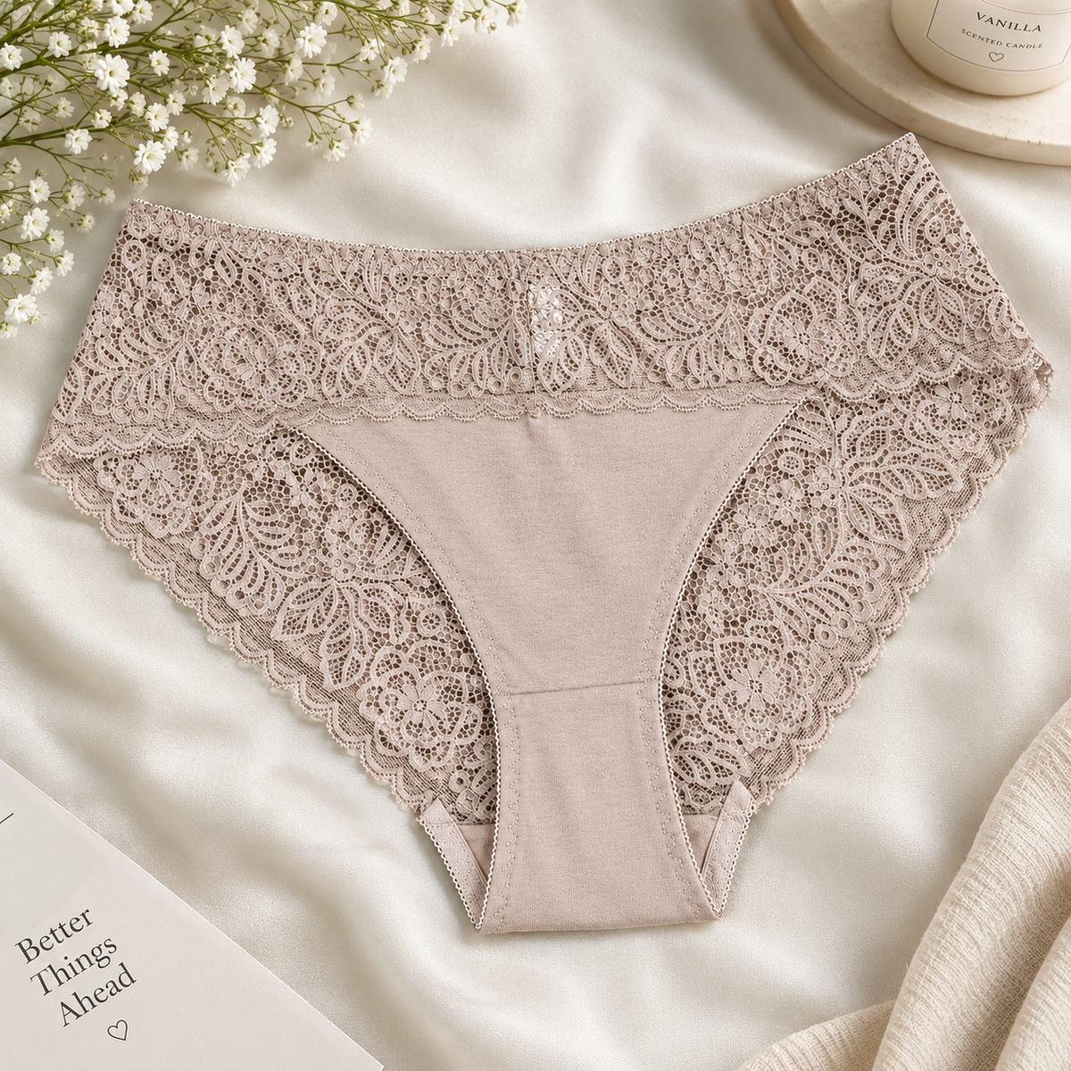 Neutral-toned floral lace panties with opaque front panel
