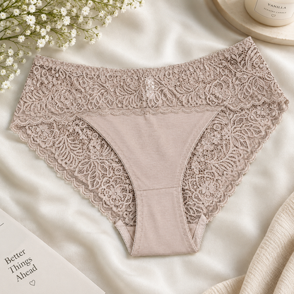 Neutral-toned floral lace panties with opaque front panel