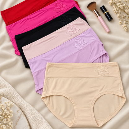 Assorted colours of rose embroidered panties, supplied as a pack of five in random colours