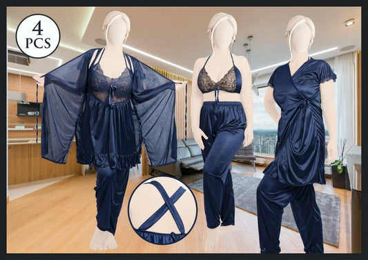 Women's 4-Piece Satin & Lace Nightwear Set