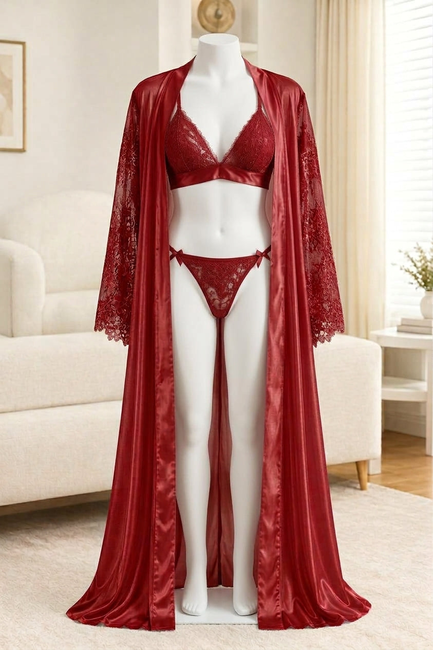 Women's 3-Piece Satin & Lace Robe + Bra & Thong Lingerie Set