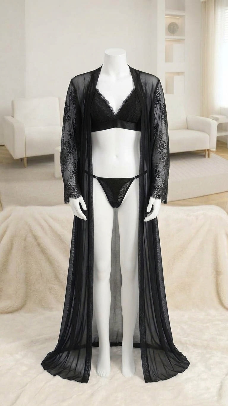 Women's 3-Piece Satin & Lace Robe + Bra & Thong Lingerie Set