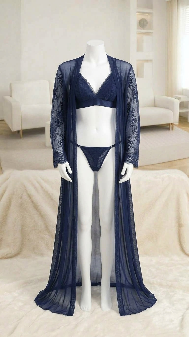Women's 3-Piece Satin & Lace Robe + Bra & Thong Lingerie Set
