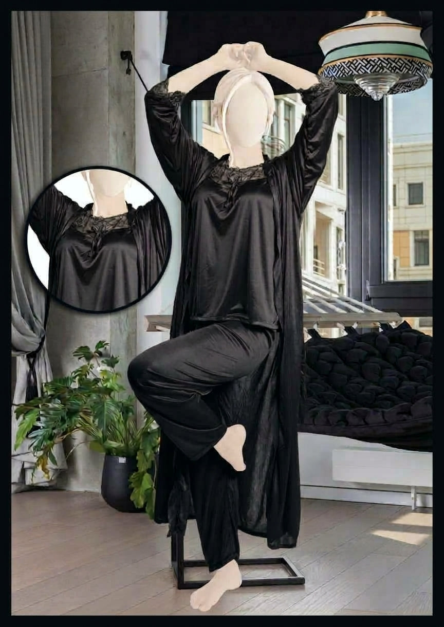 Women's 3-Piece Satin & Lace Nightwear