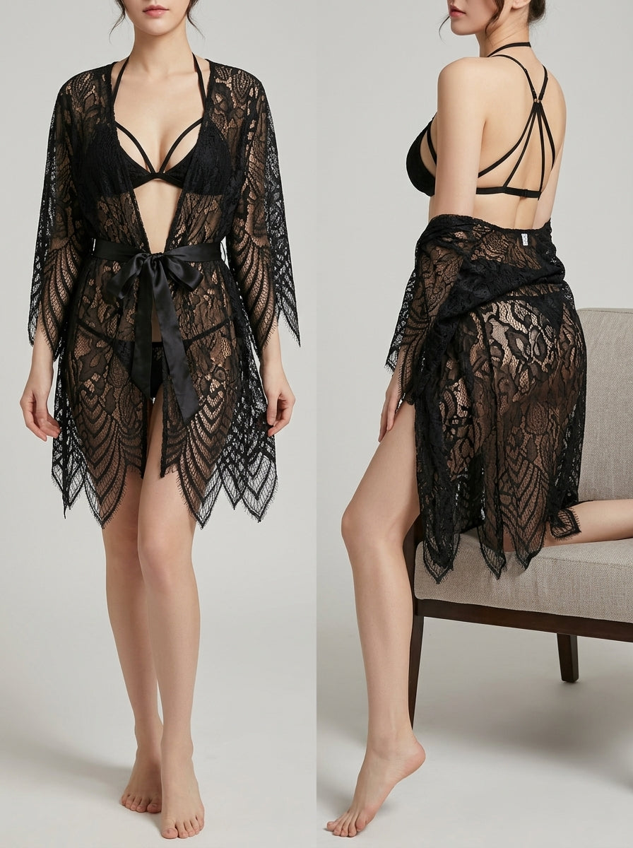 Women's Black Lace Kimono Robe & Lingerie Set 