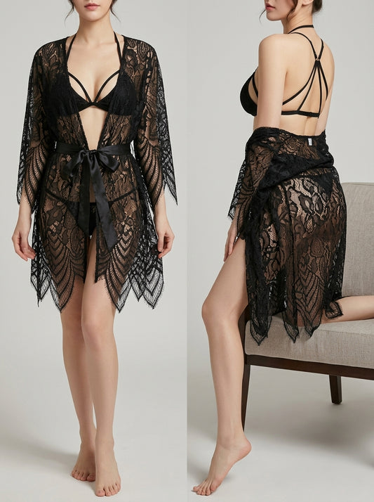 Women's Black Lace Kimono Robe & Lingerie Set 
