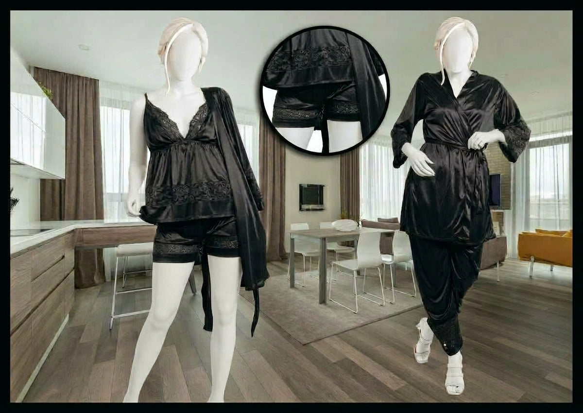 Women's 4-Piece Satin & Lace Nightwear