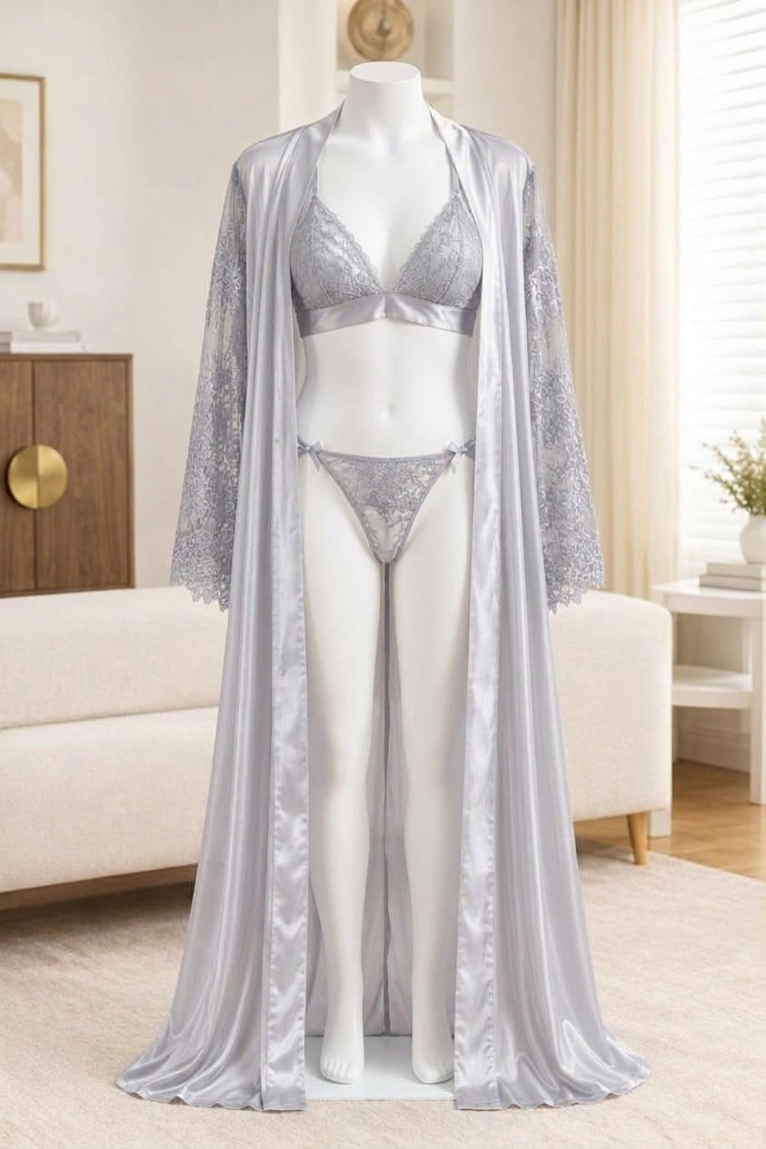 Women's 3-Piece Satin & Lace Robe + Bra & Thong Lingerie Set