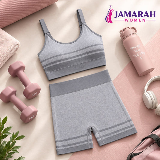 Women's Seamless Striped Sports Bra & Shorts Set pack of 2