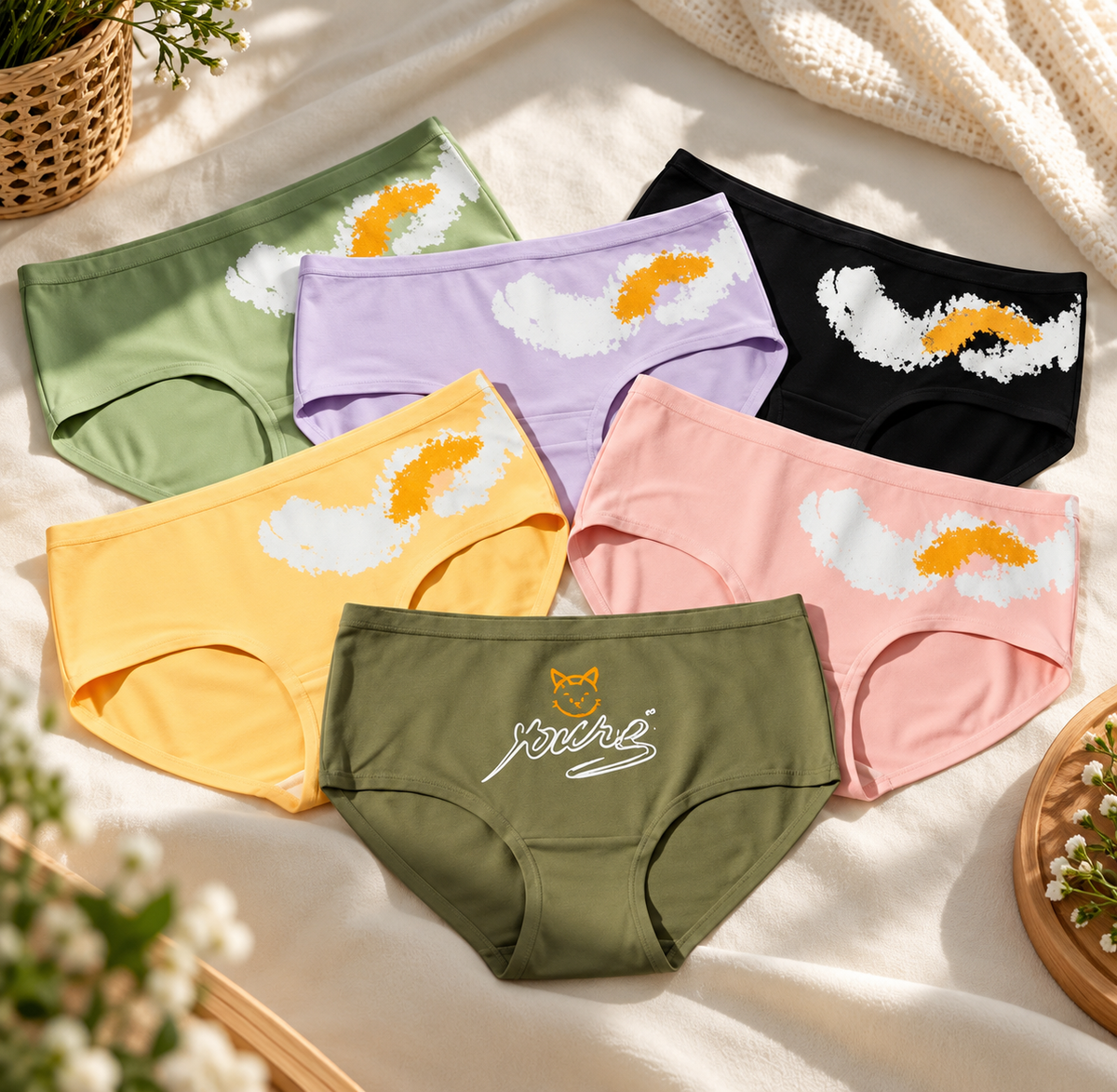 Assorted printed panties shown in multiple colours