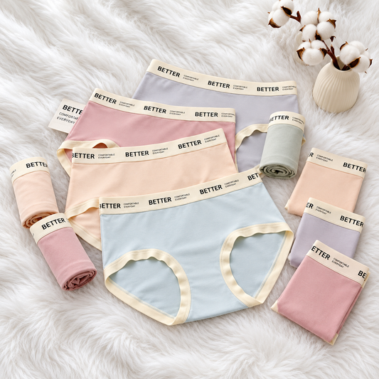 Assorted pastel panties with cream contrast trim and printed waistbands