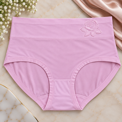 Pastel pink briefs with rose embroidery on the wide waistband