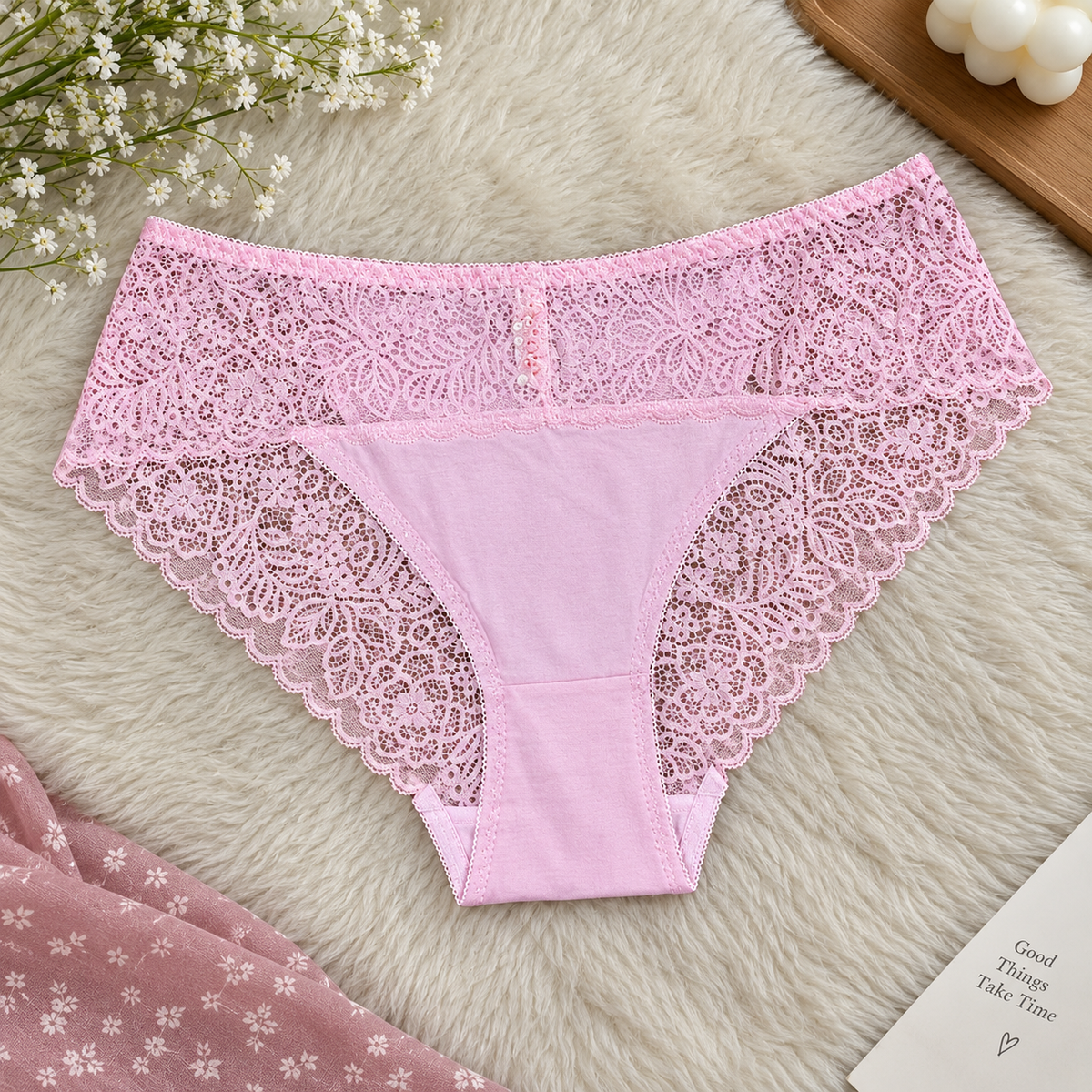 Pastel pink floral lace panties with scalloped trim