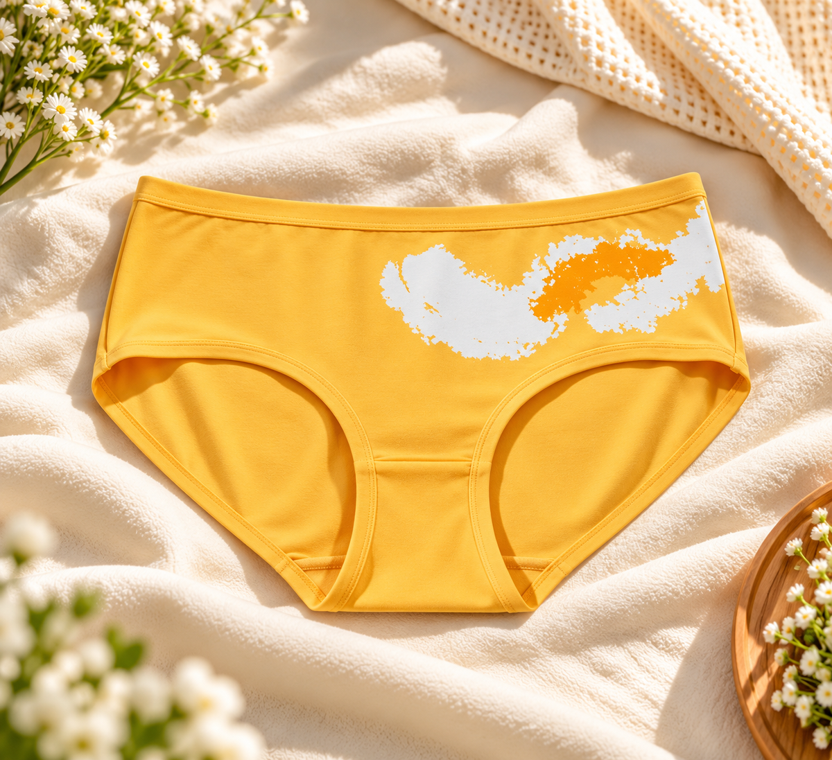 Yellow briefs with white and orange abstract print