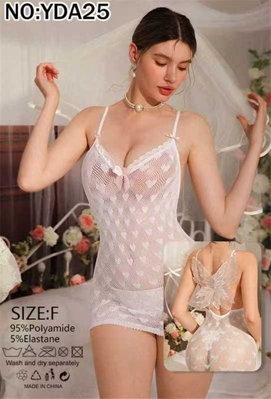 Women's White Heart Mesh Babydoll Lingerie Dress 