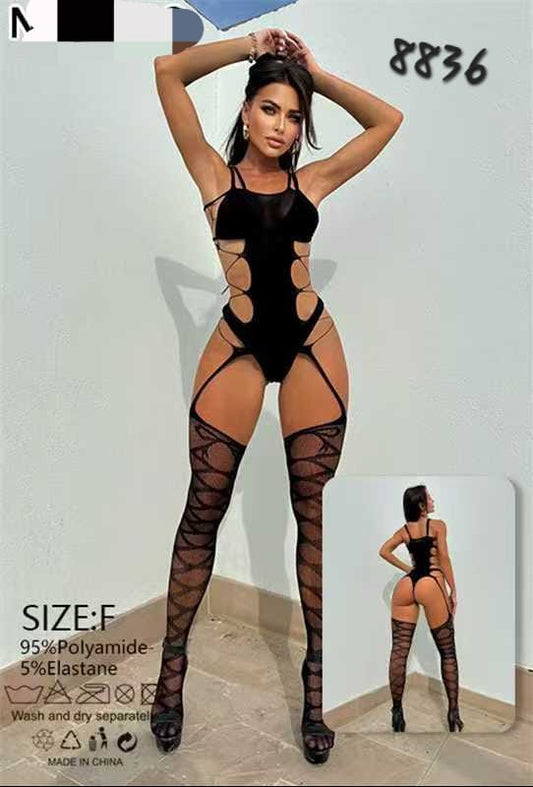 Women's Cut-Out Bodysuit & Patterned Stockings Set