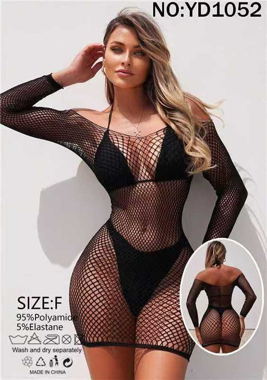 Women's Long Sleeve Mixed Fishnet Mini Dress