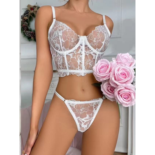 Women's White Floral Lace Bra & Thong Lingerie Set 