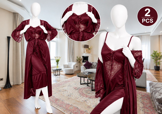 Women's 2-Piece Satin & Lace Nightdress + Robe Set